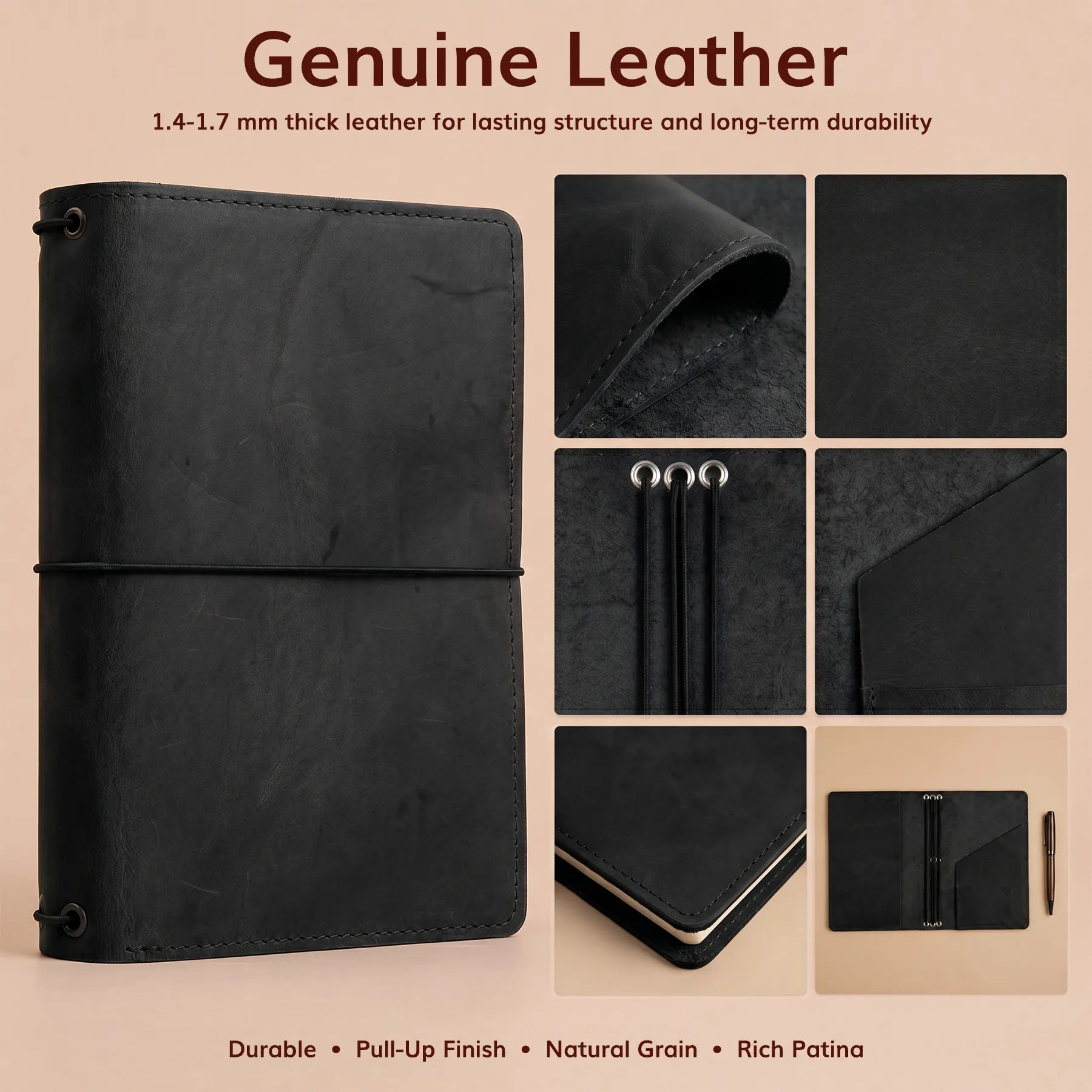 Leather travel journal cover with elastic inserts and personalization available