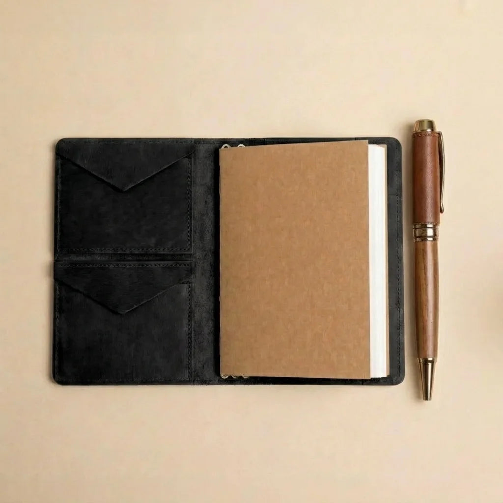Black leather notebook with a pen on a beige background