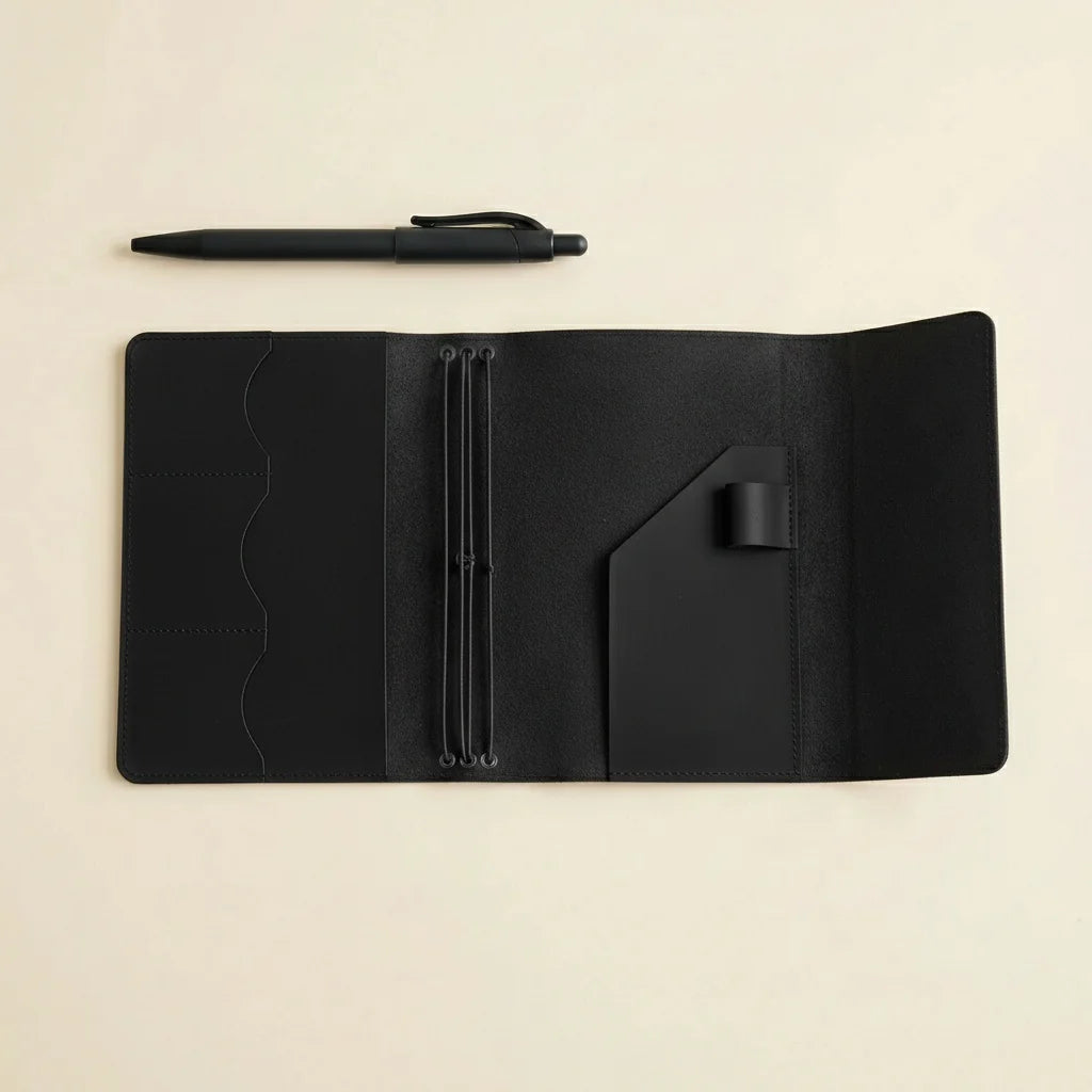 Black leather notebook with pen holder on a beige background