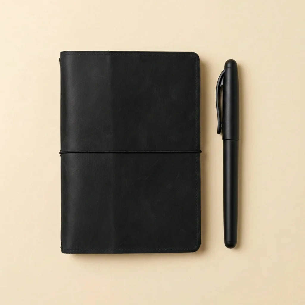 Black leather notebook and pen on a beige background