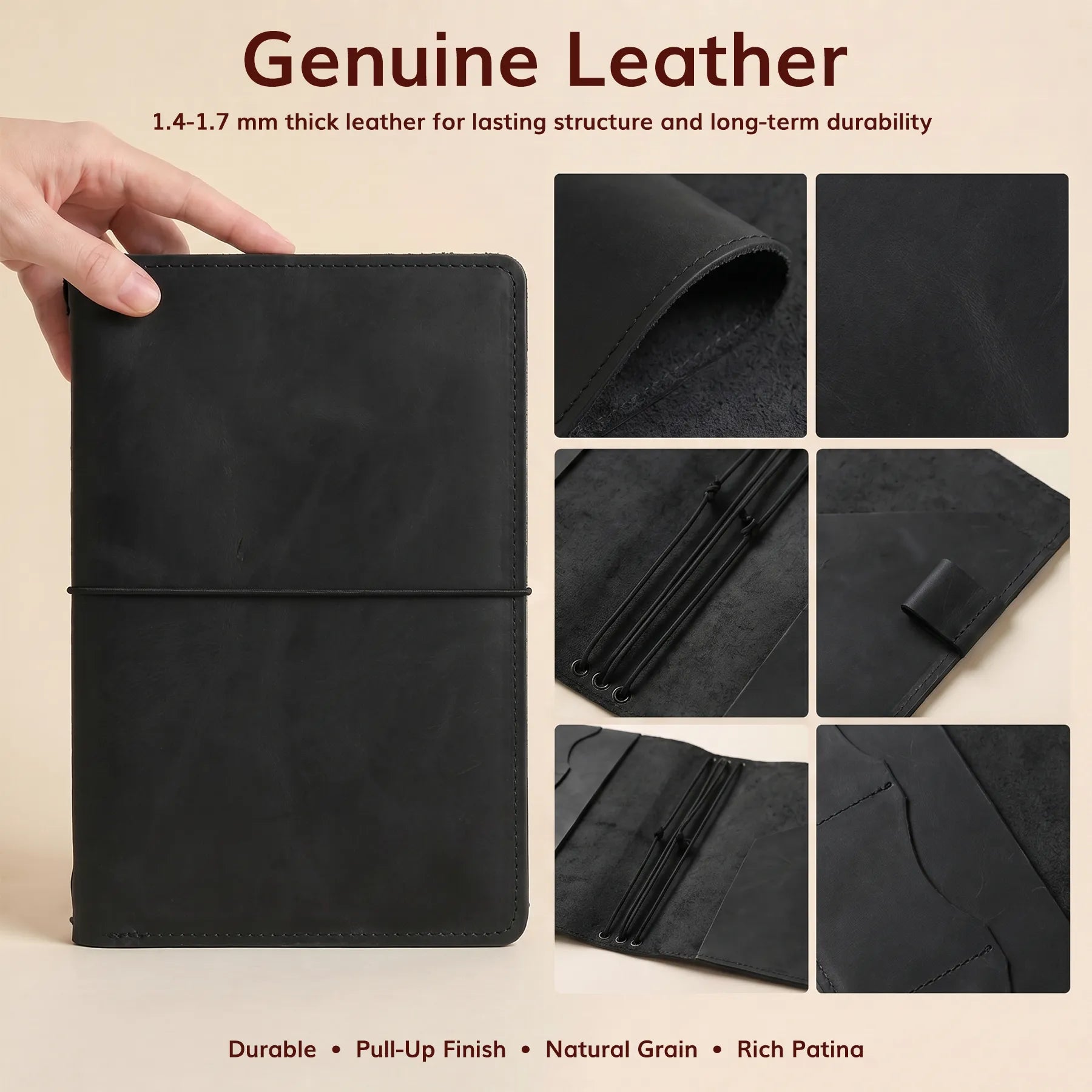 Handmade leather notebook organizer featuring elastic bands and personalization available