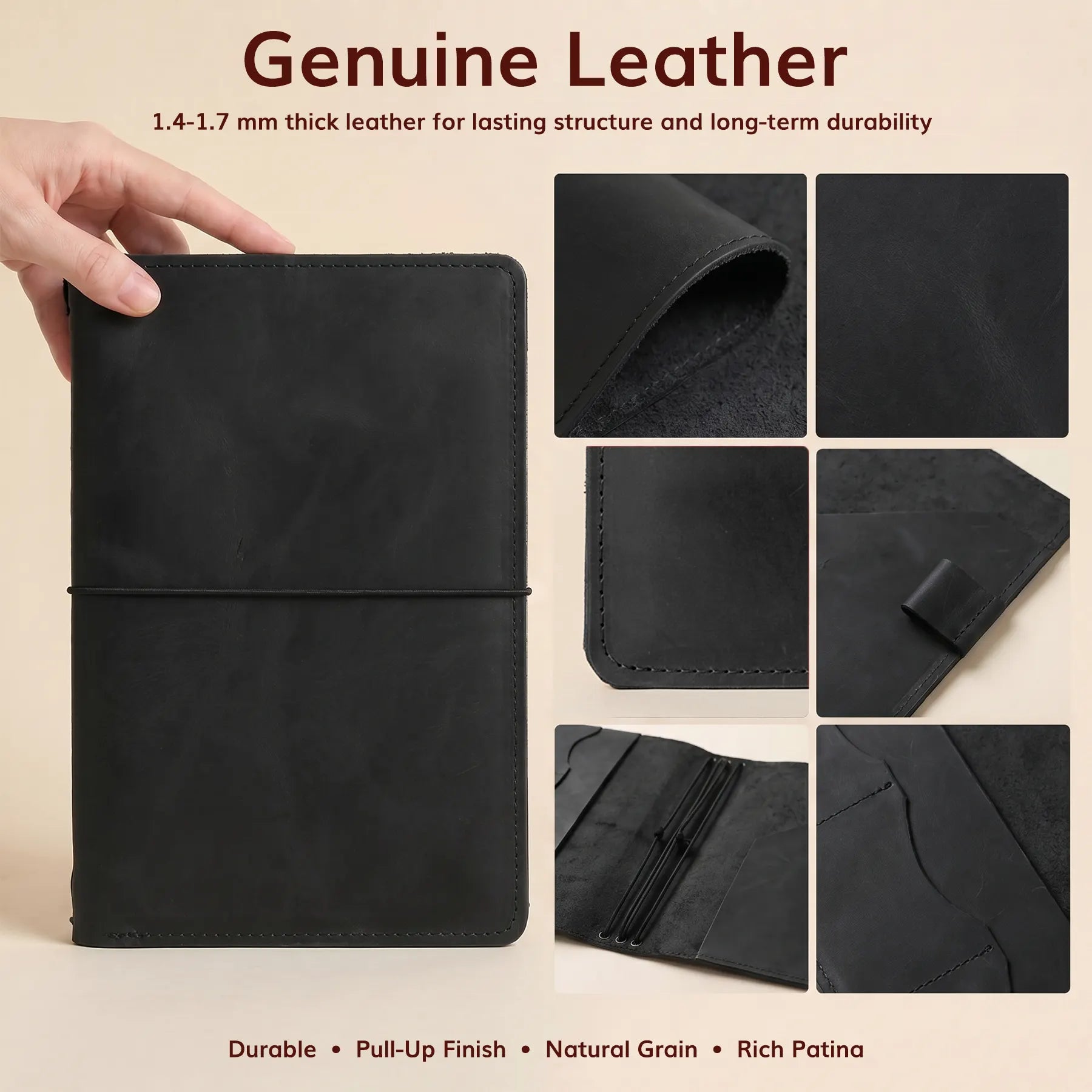 Leather journal organizer with refillable notebook system, elastic bands, and interior storage compartments.