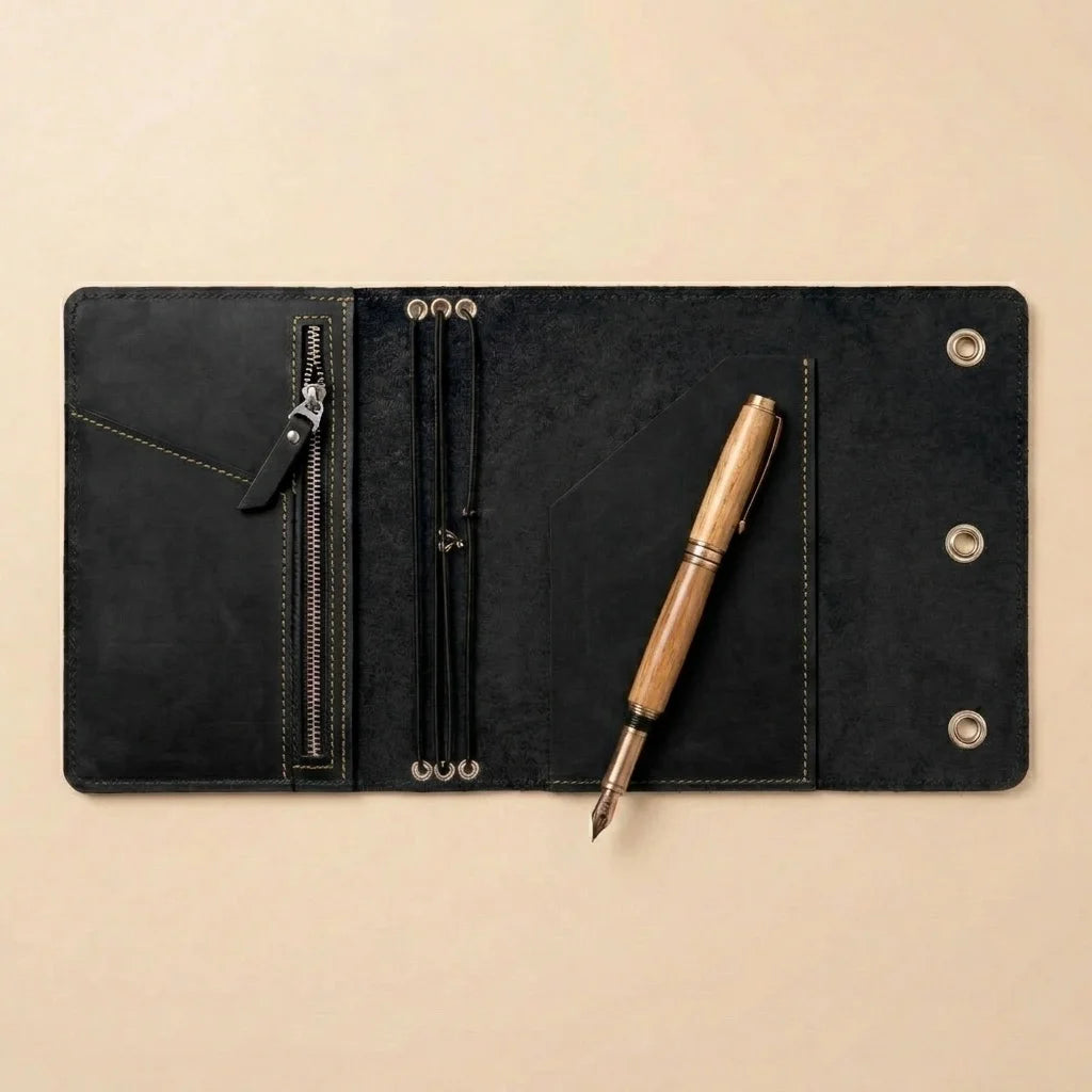 Black leather journal with a wooden pen on a beige background