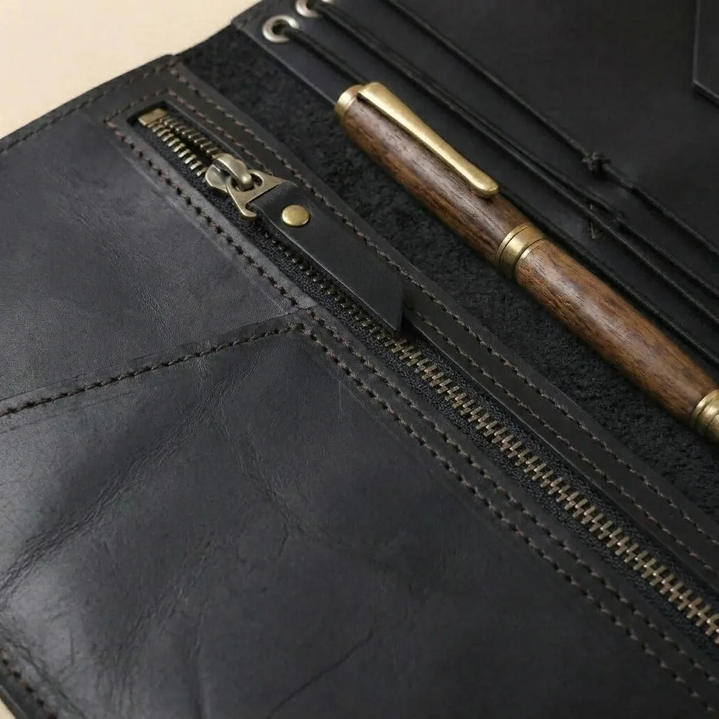 Personalized leather notebook cover with secure elastic bands and classic style