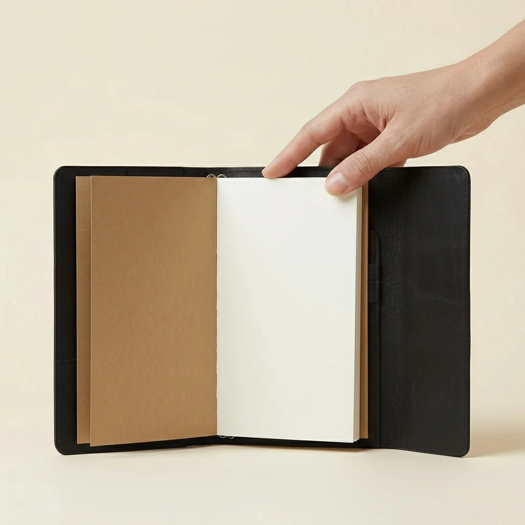 Black leather journal next to a white vase with dried flowers on a beige background