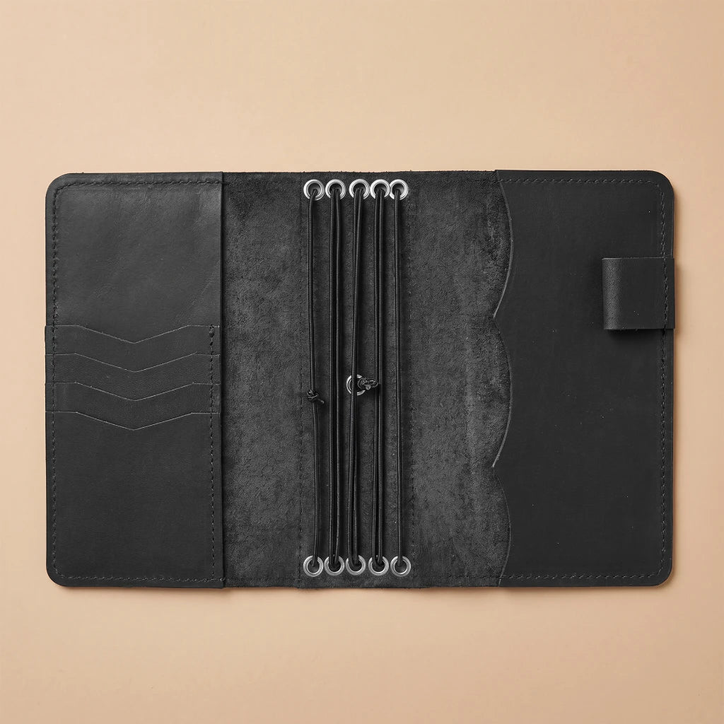 Travel notebook cover with interior storage for documents and cards