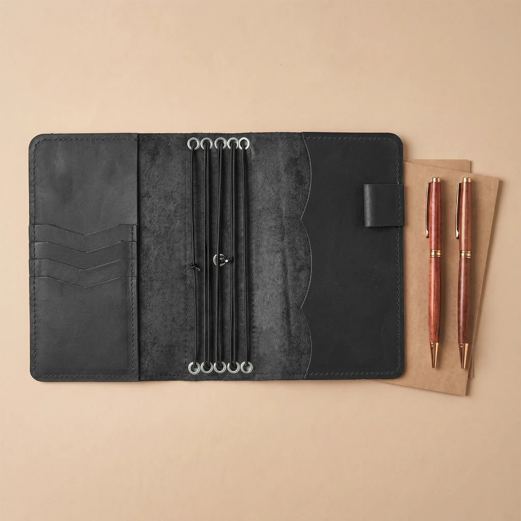 Multi-insert leather notebook organizer with dedicated pen storage