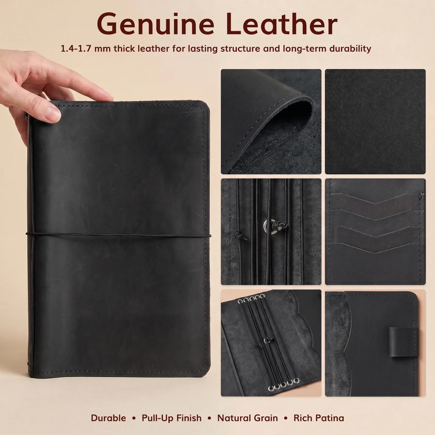 Personalized refillable journal cover with leather pockets and secure pen holder