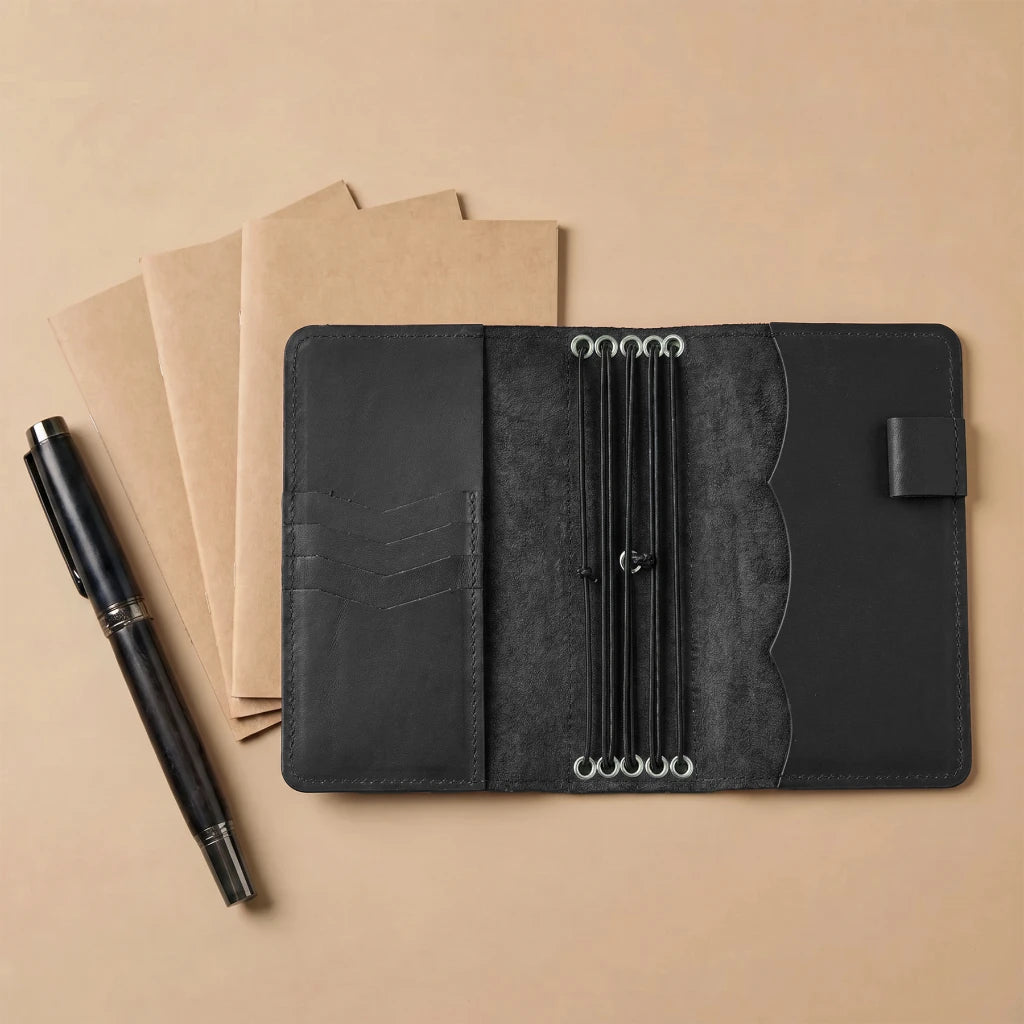 Handmade journal cover with multiple elastics and convenient compartments