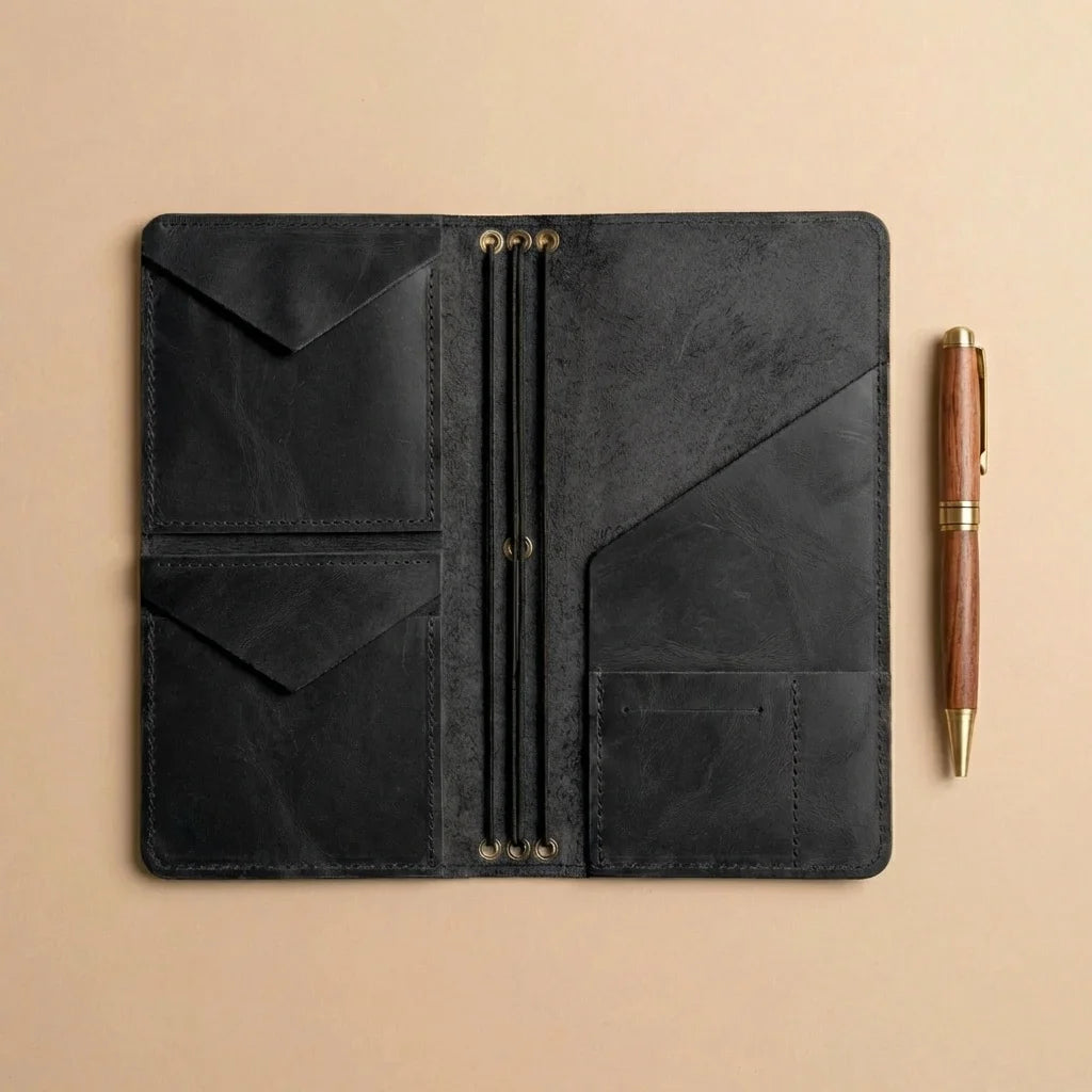Black leather journal with gold zipper on a beige background