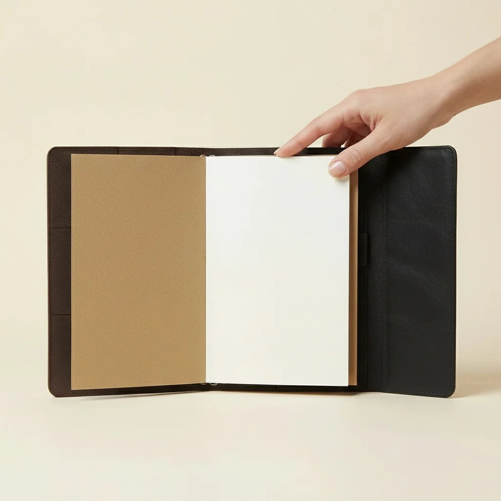 Hand opening a black leather-bound notebook with white and brown pages on a beige background
