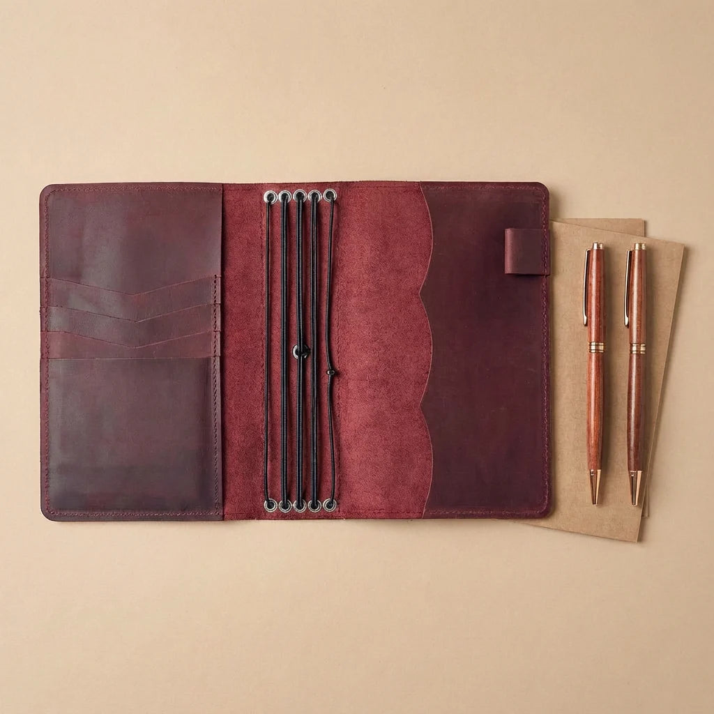 Brown leather journal cover with pens and a pen holder on a beige background