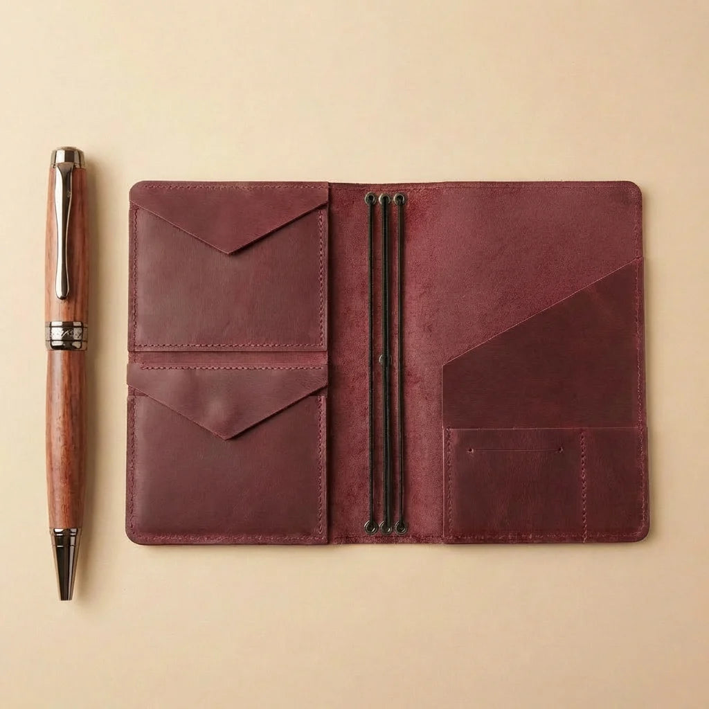 Brown leather journal cover with pen on a beige background