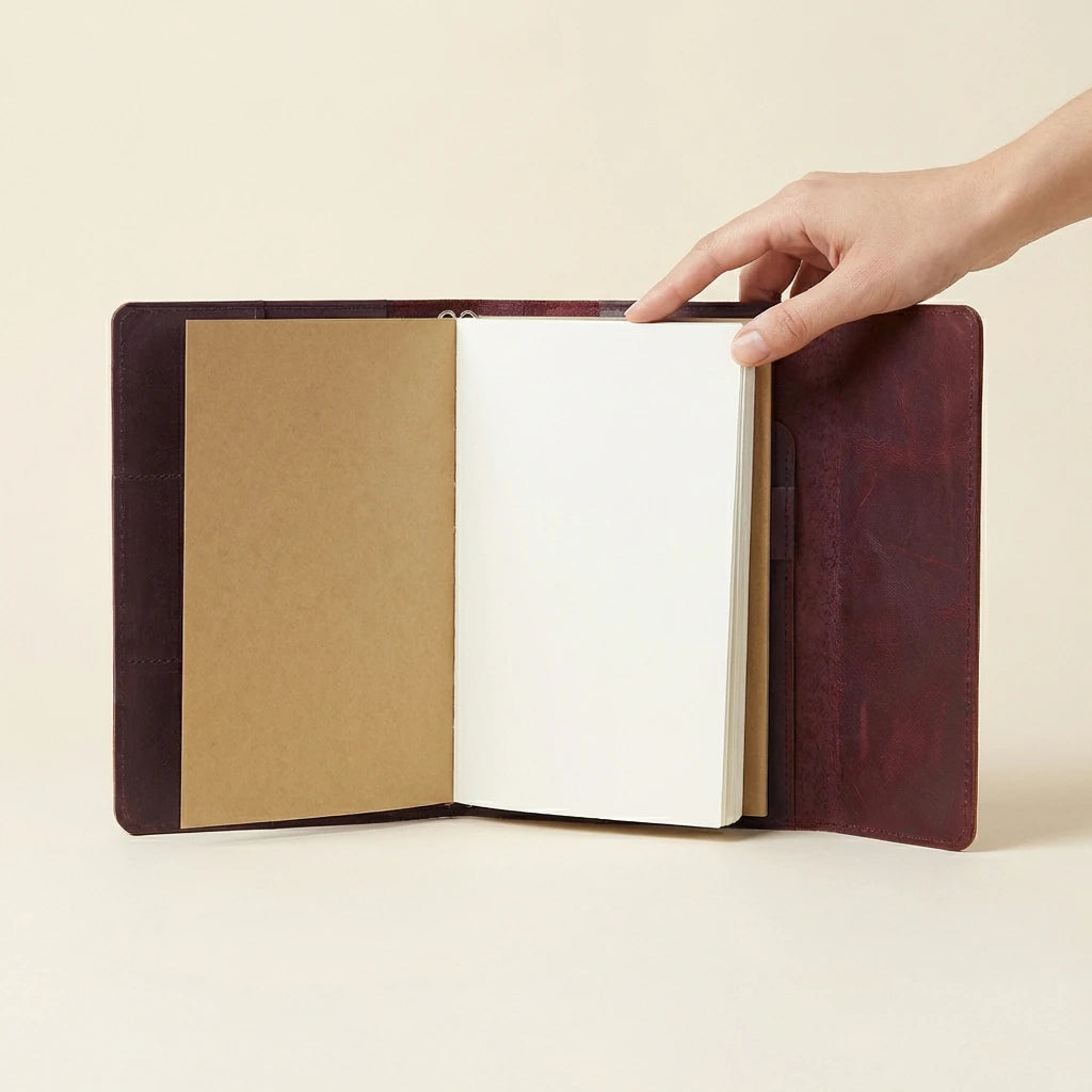 Hand holding an open leather-bound notebook with a beige interior on a light beige background
