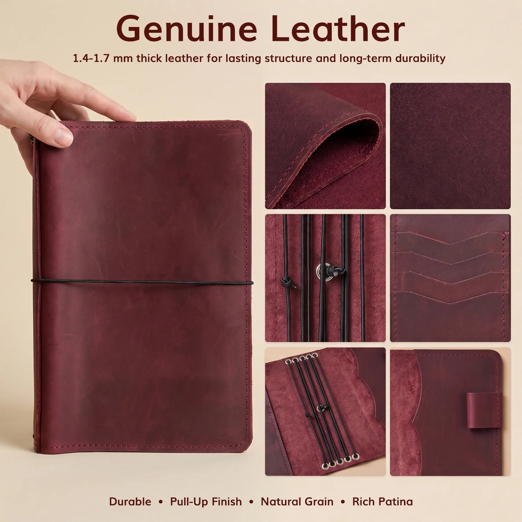 Personalized leather notebook cover with elastic bands, pockets, and pen holder included