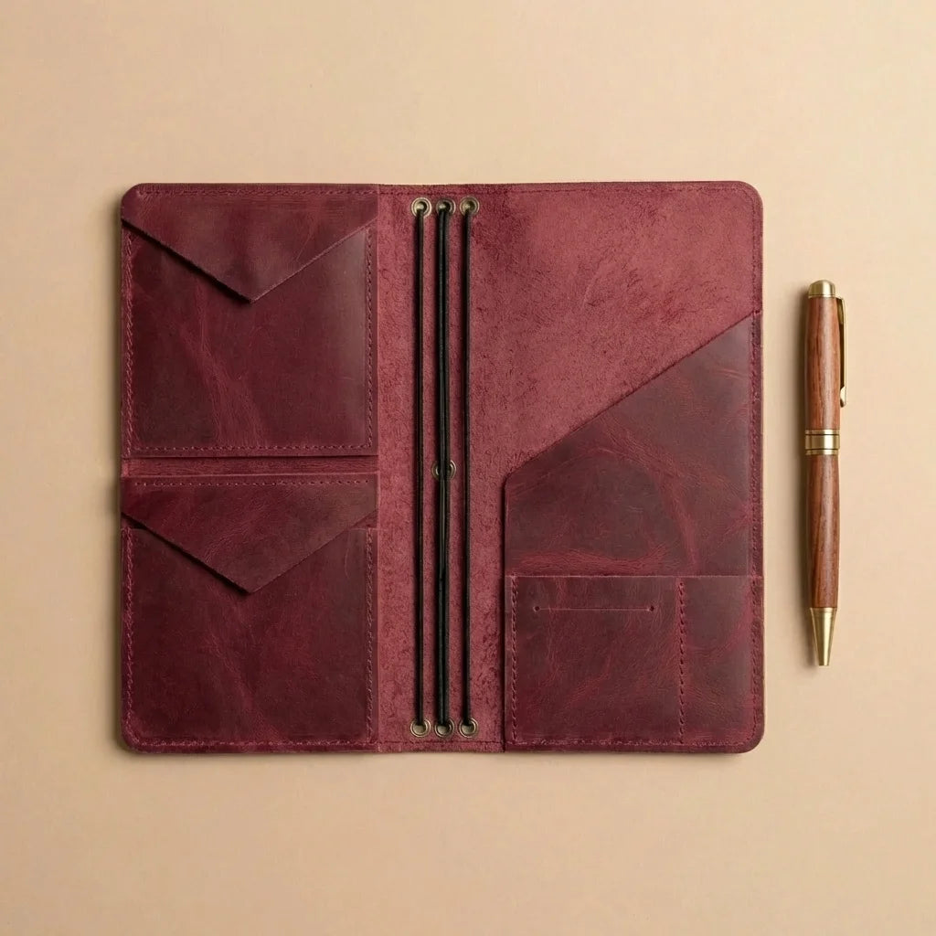 Brown leather journal with pen on a beige background
