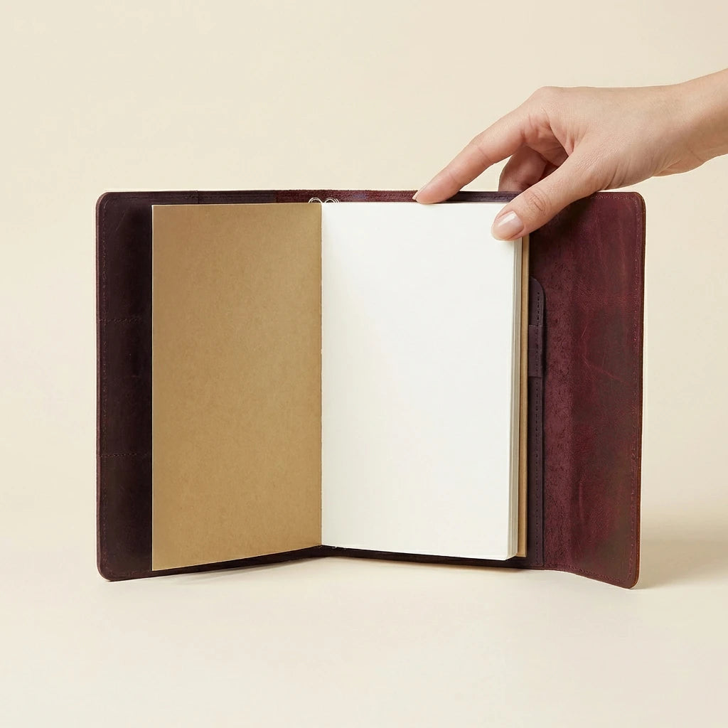 Hand holding a open leather-bound notebook with a beige interior on a light beige background