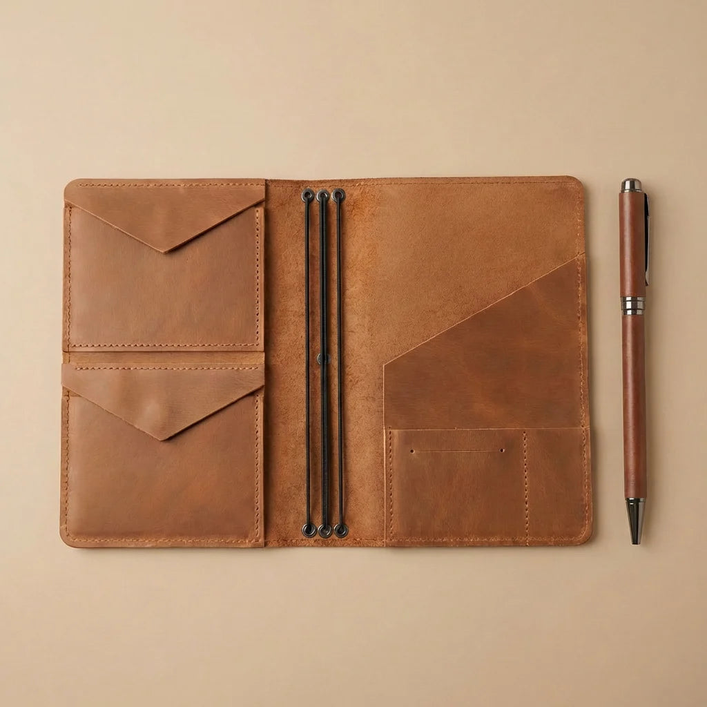 Brown leather notebook with pen on a beige background