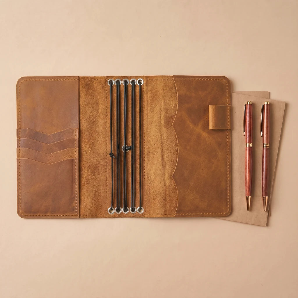 Personalized leather journal organizer with room for multiple notebooks
