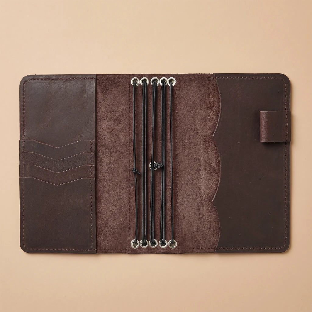 Handmade leather travel organizer with notebook elastics and pen keeper
