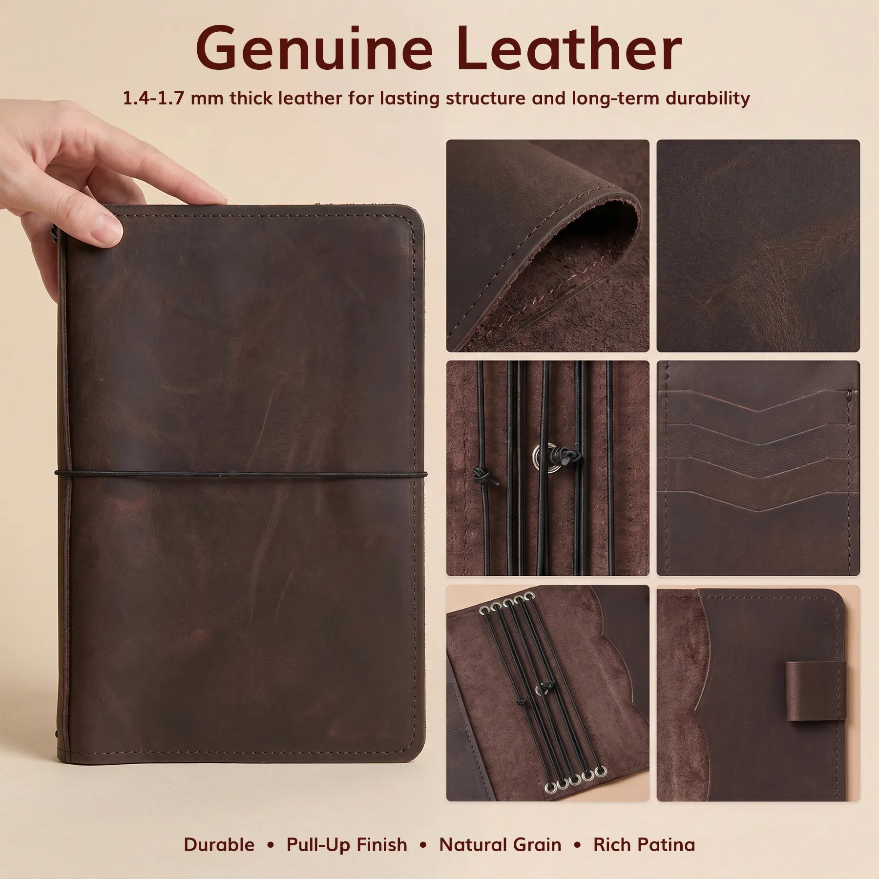 Handmade leather journal cover featuring card pockets, pen loop, and customization option