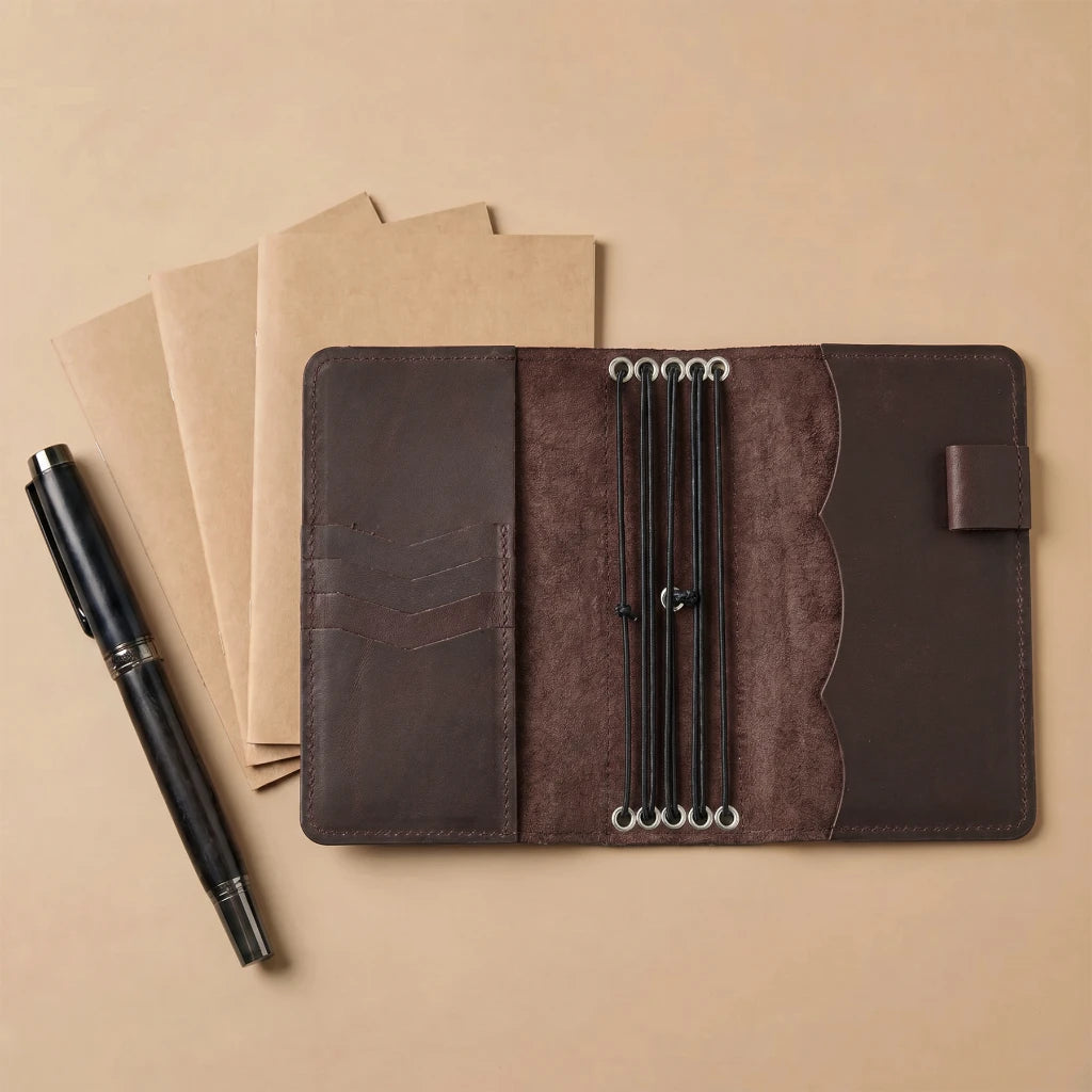 Leather planner cover featuring card pockets and elastic notebook holders