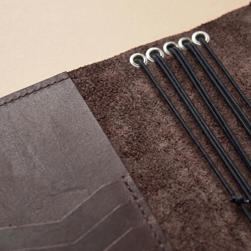 Leather stationery organizer featuring pen holder and notebook inserts
