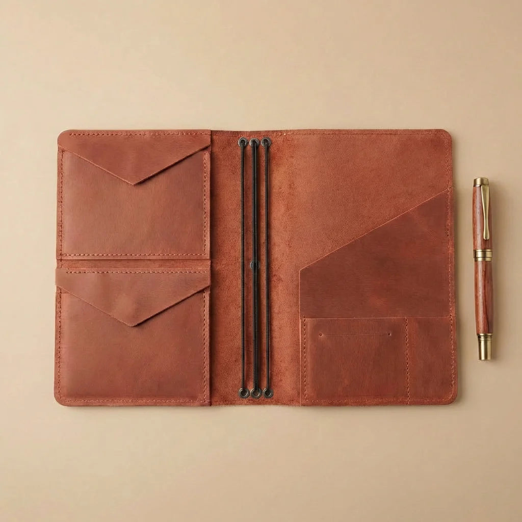 Brown leather journal cover with pen and pen holder on a beige background