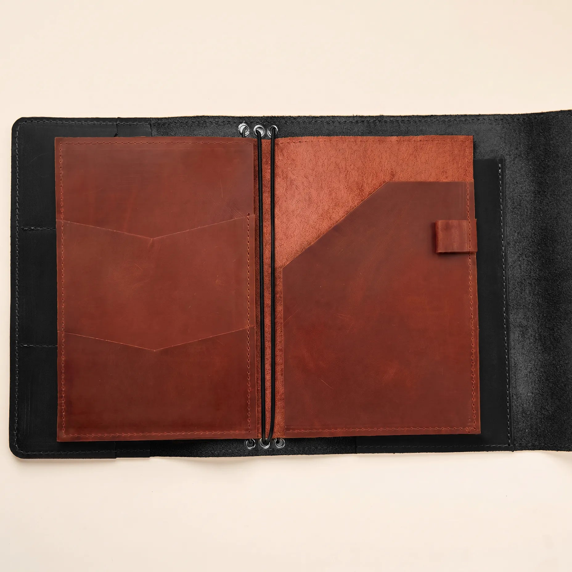 Leather notebook organizer insert with multiple storage pockets
