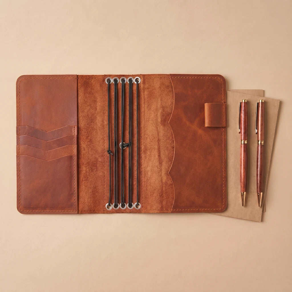 Leather writing companion with refillable elastics and pocket organization