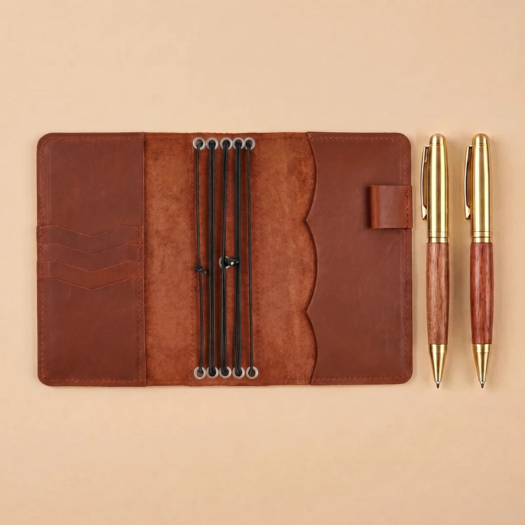 Refillable journal binder with leather construction and storage features