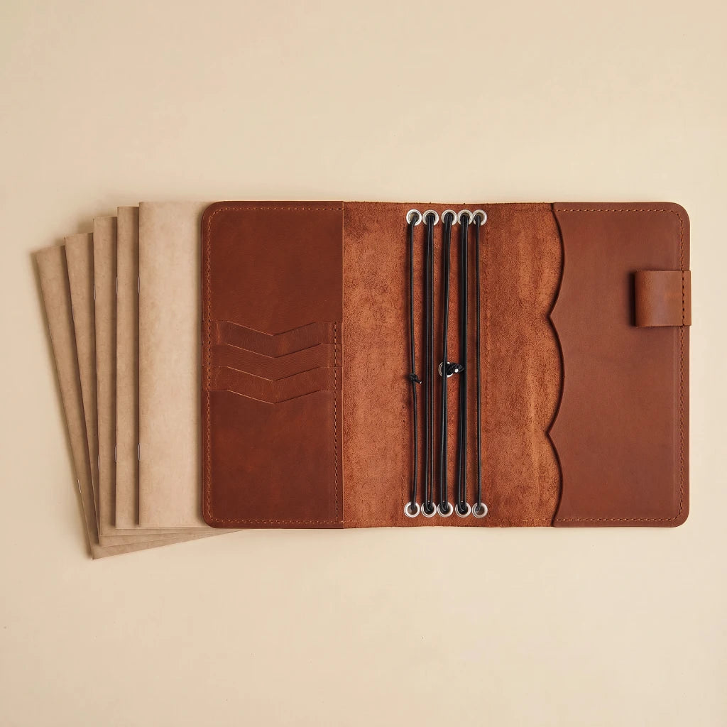 Genuine leather organizer cover with flexible elastic notebook holders