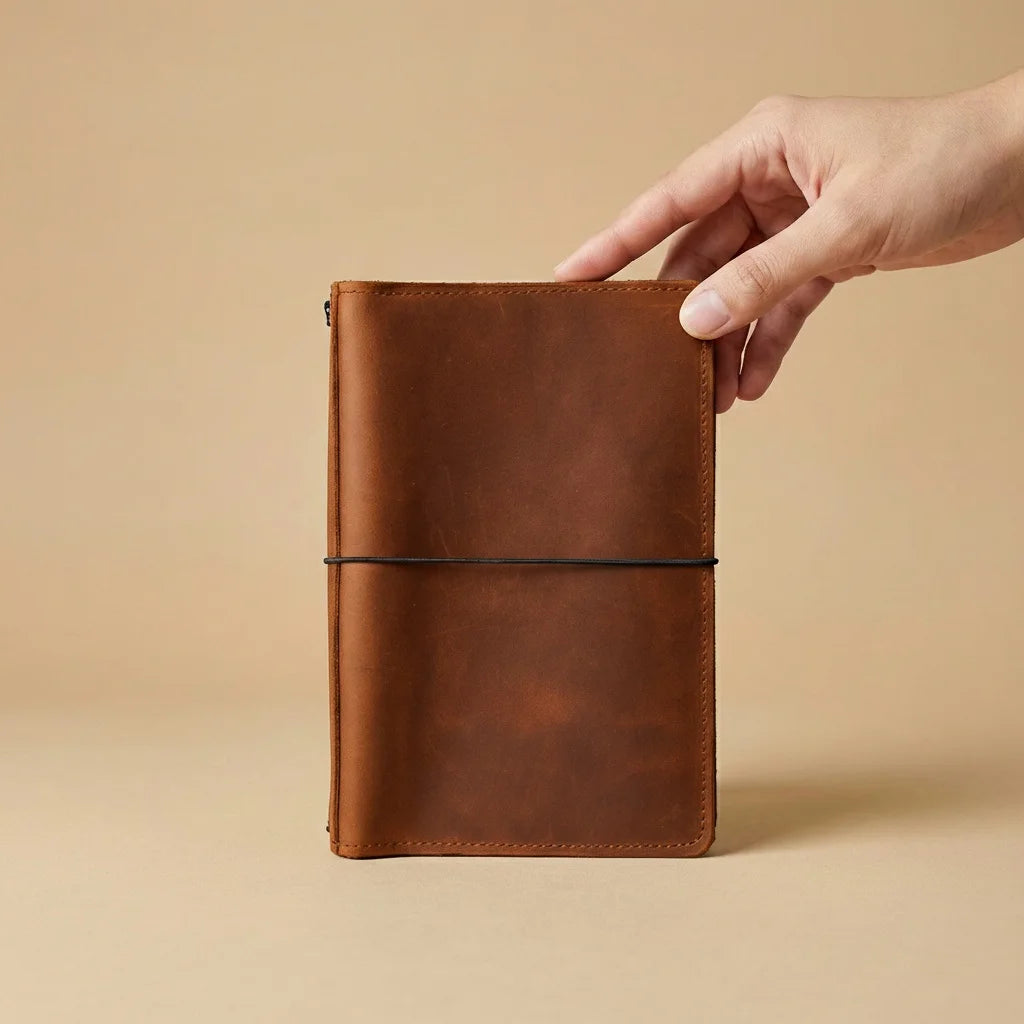 Brown leather notebook held by a hand against a beige background