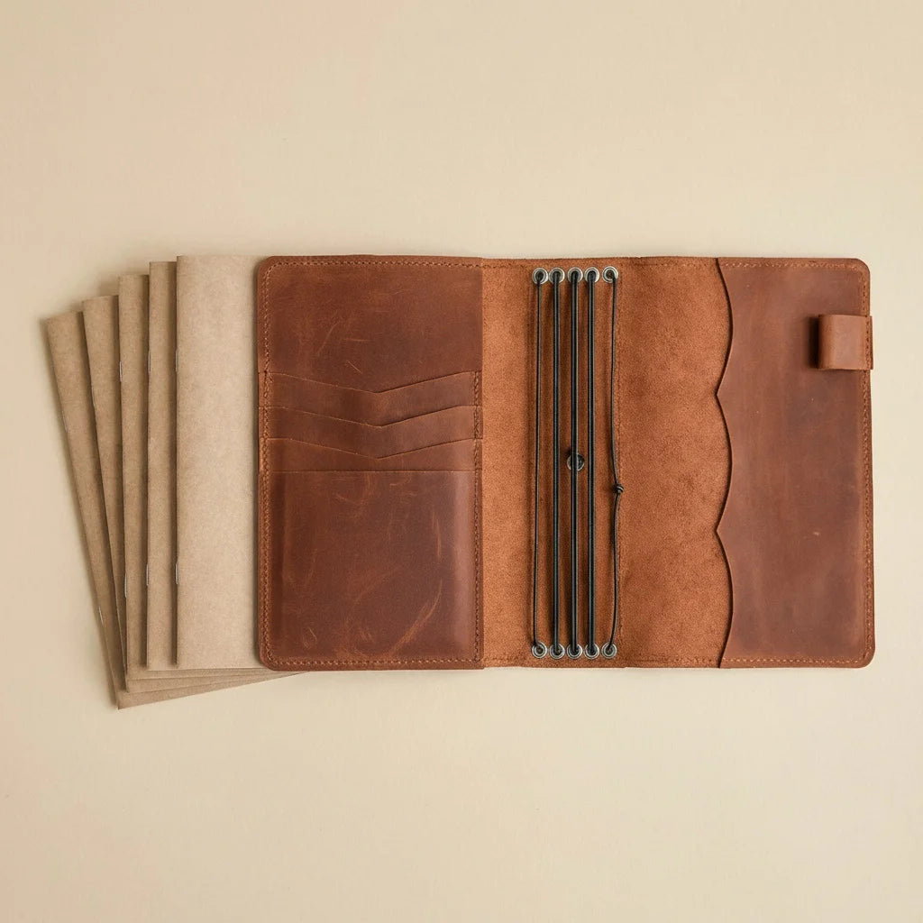 Brown leather journal cover with pen holder on a beige background