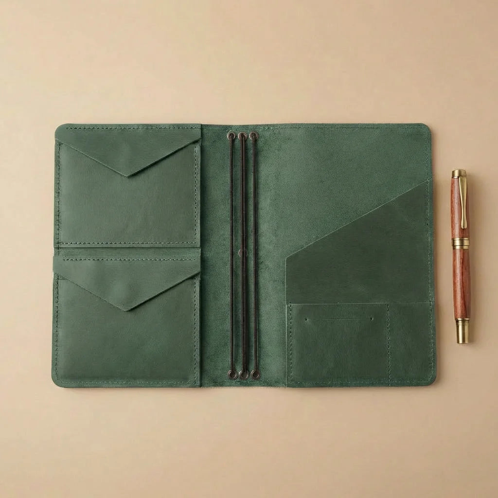 Green leather journal cover with pen holder and pen on a beige background
