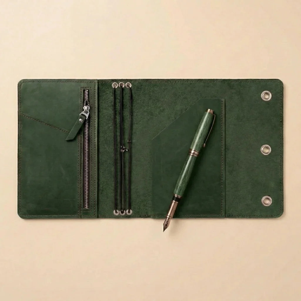 Green leather journal with a pen on a beige background