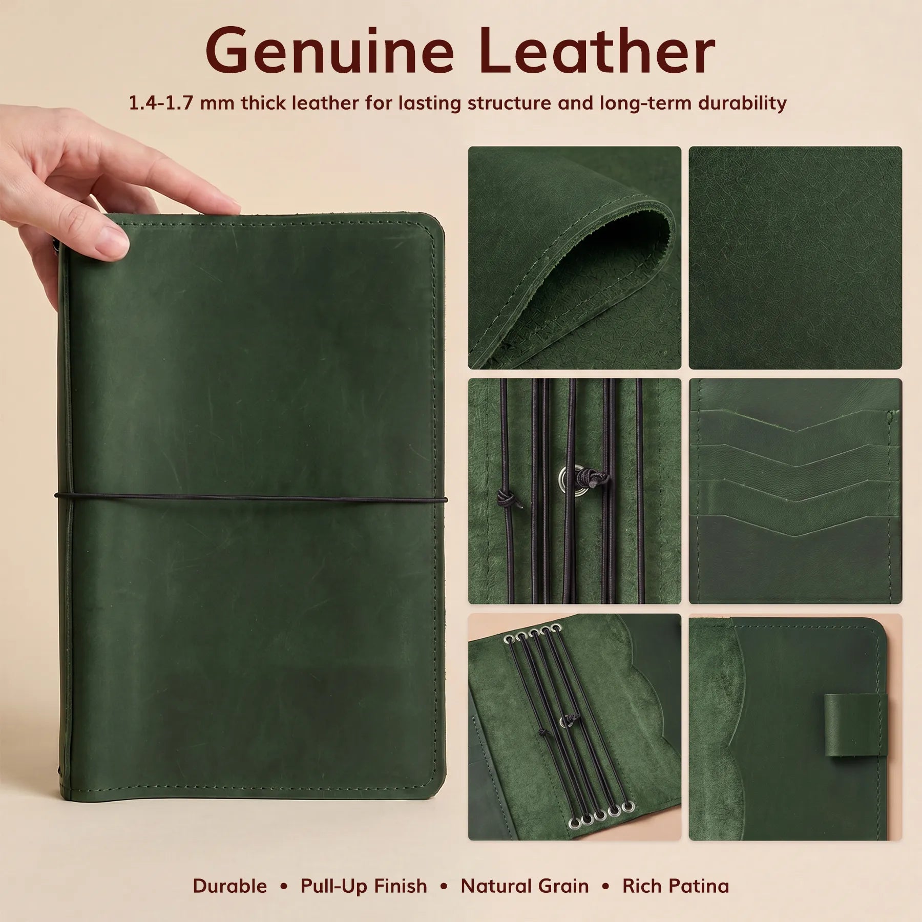 Refillable leather notebook cover with elastic inserts, storage pockets, and engraving