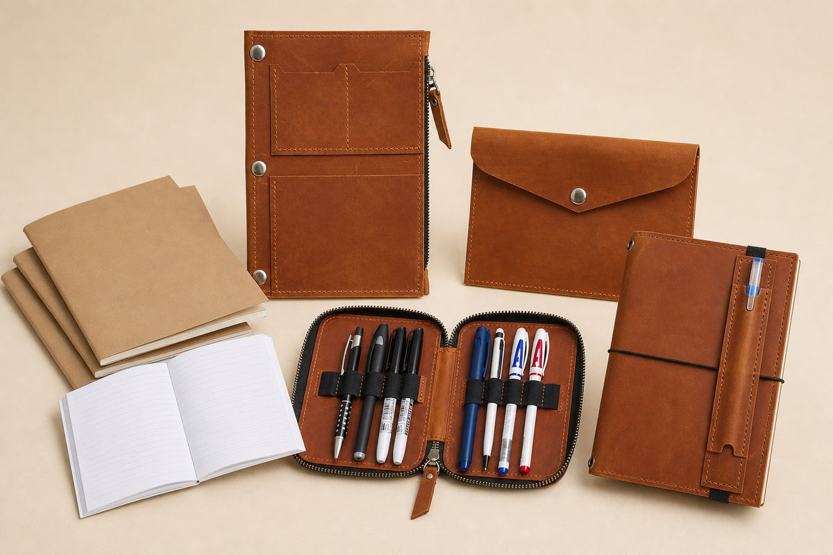 Leather journal inserts, paper refills, pen holders and pen cases