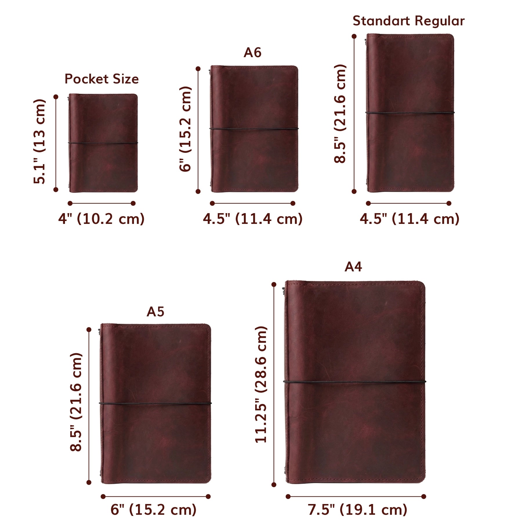 Measurement chart of different sizes of brown leather notebooks on a white background