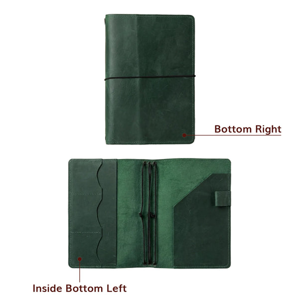Green leather notebook shown from top and bottom right angles on a white background
