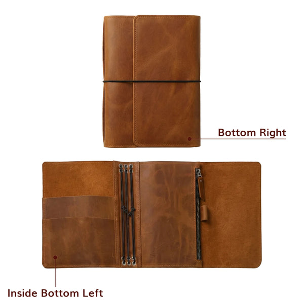 Brown leather journal shown from top and bottom perspectives on a white background